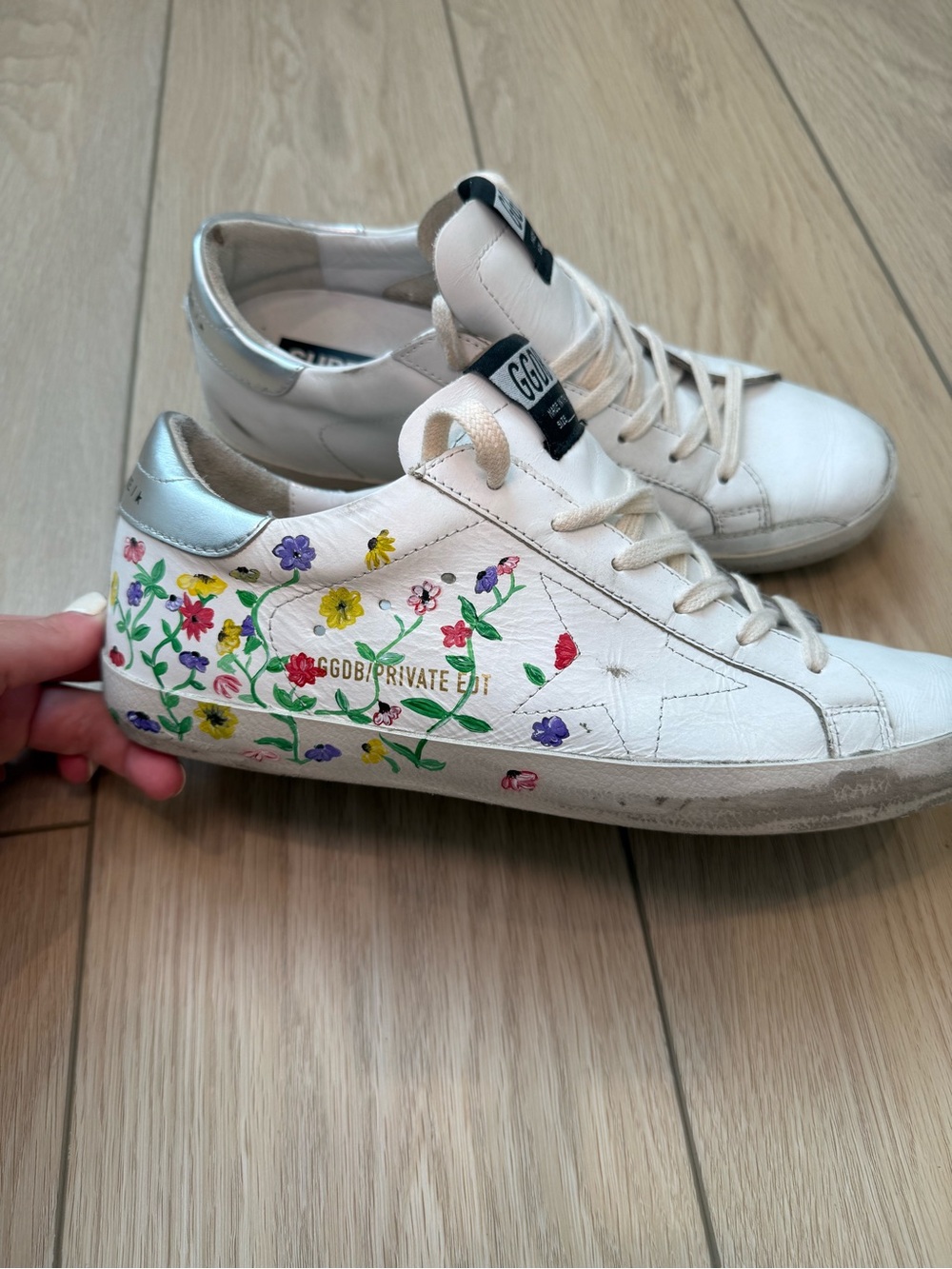 Golden Goose superstars custom artist painted with Floral Print and Silver Heel